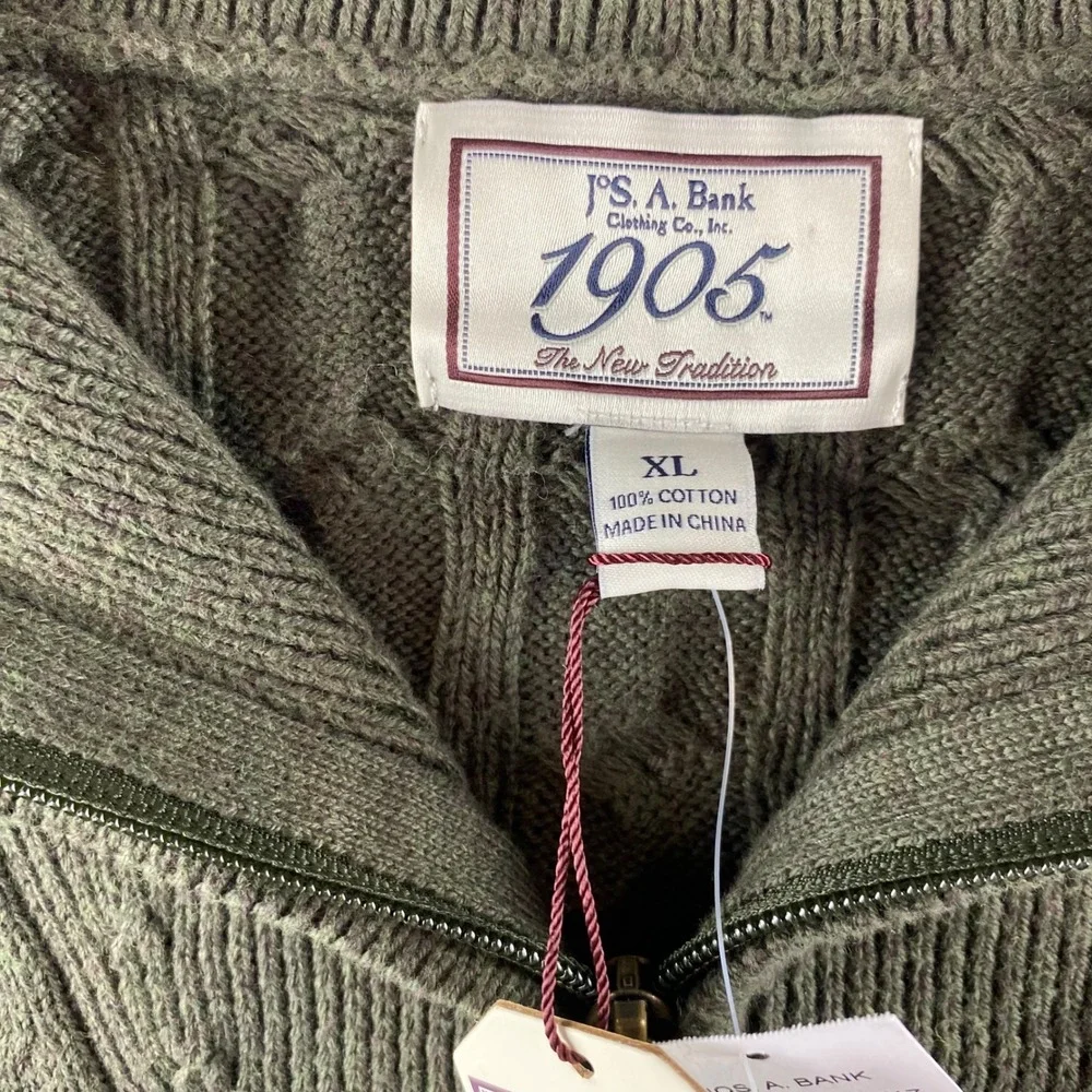 NWT Jos A Bank 1905 Men XL Olive Cable‎ Knit 100% Cotton Quarter Zip Sweater